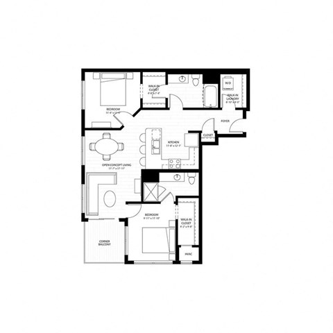 Floor plan for 2 beds, 2 baths, 997 sqft